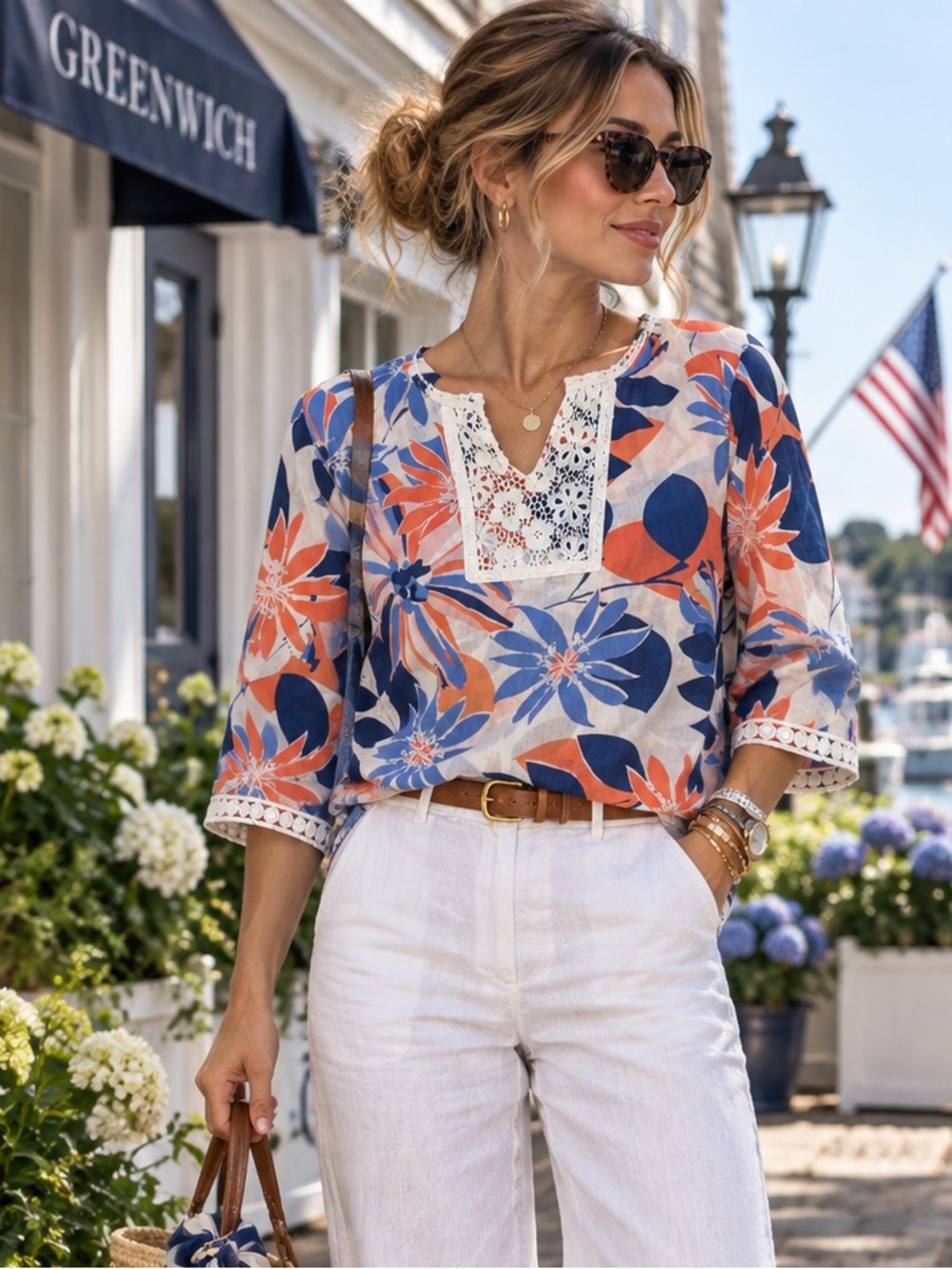 Coastal Grandma 100% cotton floral blouse top lace trim detail Large